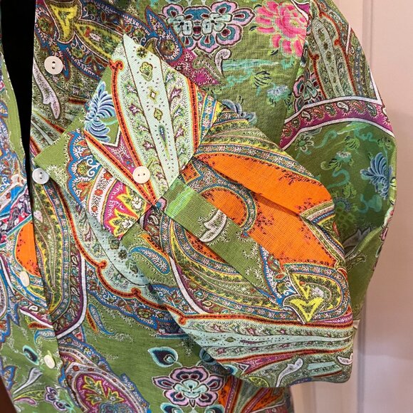 Hinson Wu Reese Long Sleeve Luxe Linen Boho Green Paisley Shirt Size XS NWT - Picture 5 of 12